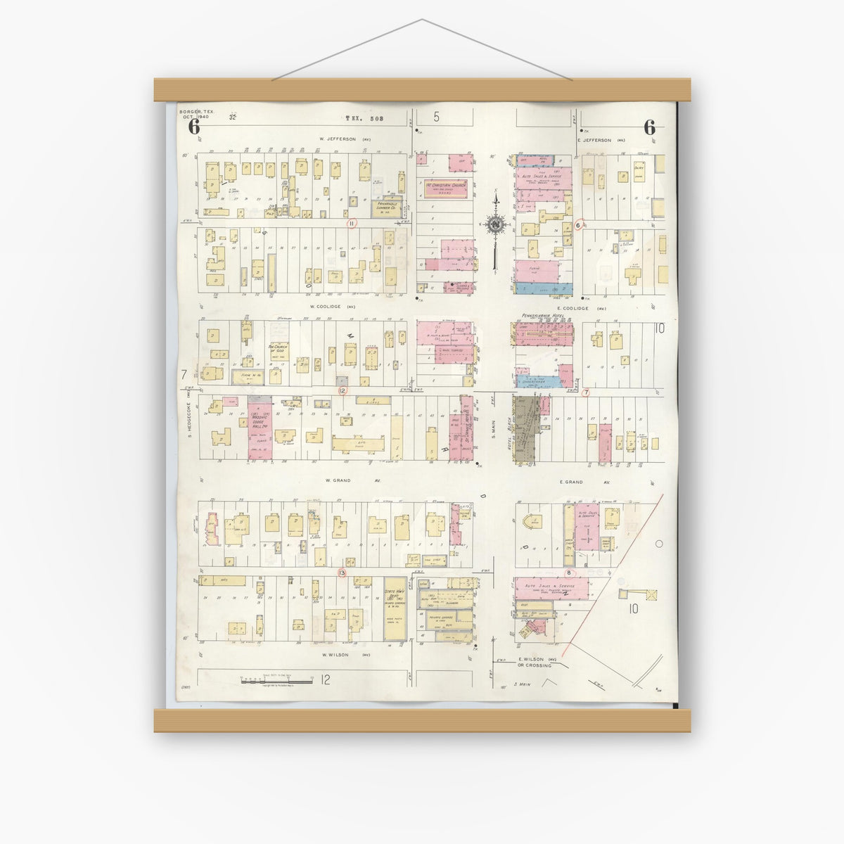 Old map wall art mockup — magnetic wood frame on white wall — Sanborn Fire Insurance Map from Borger, Hutchinson County, Texas (1950), Sheet #0006