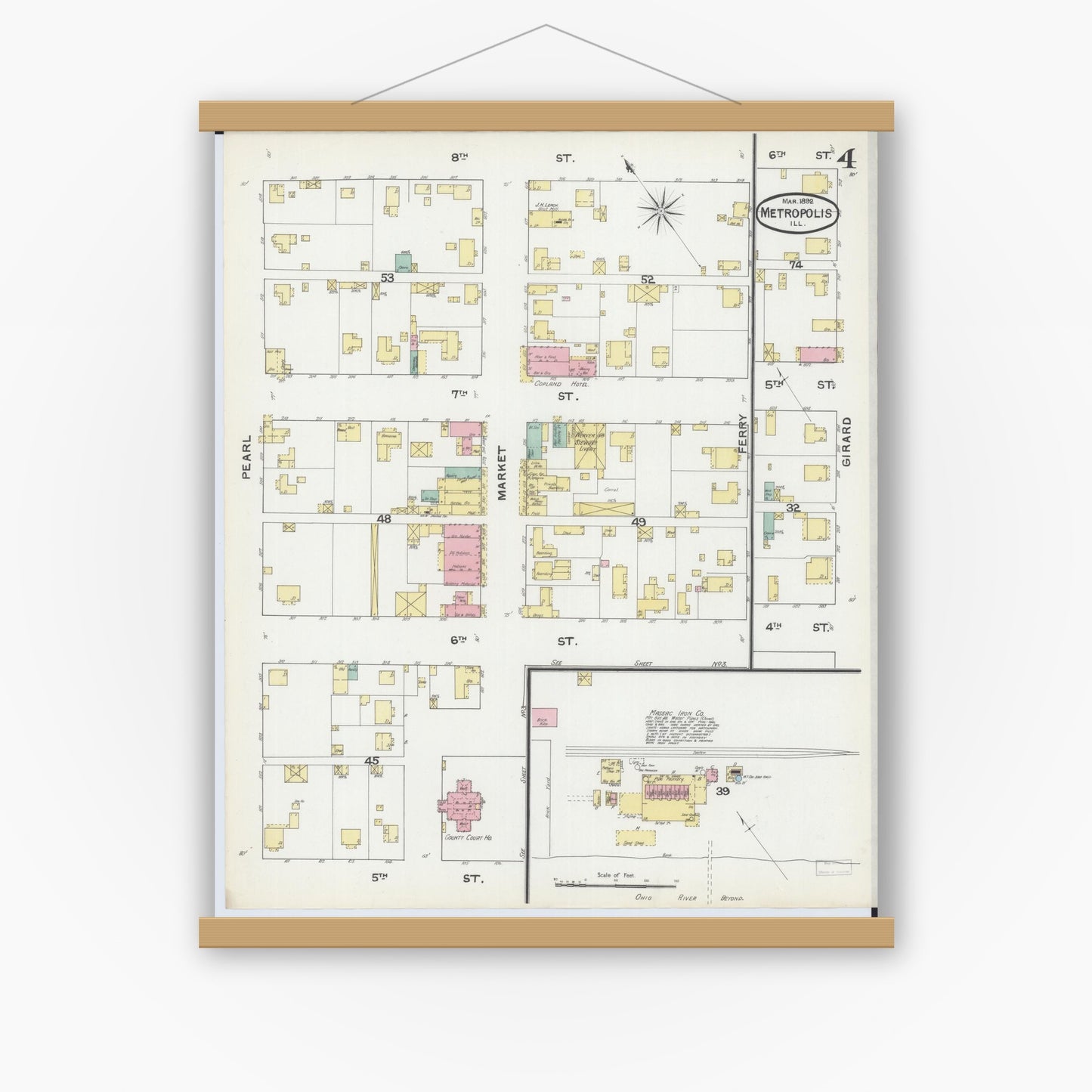 Old map wall art mockup — magnetic wood frame on white wall — Sanborn Fire Insurance Map from Metropolis, Massac County, Illinois (1892), Sheet #0004