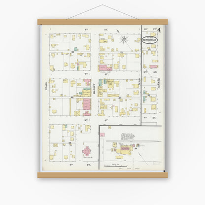 Old map wall art mockup — magnetic wood frame on white wall — Sanborn Fire Insurance Map from Metropolis, Massac County, Illinois (1892), Sheet #0004