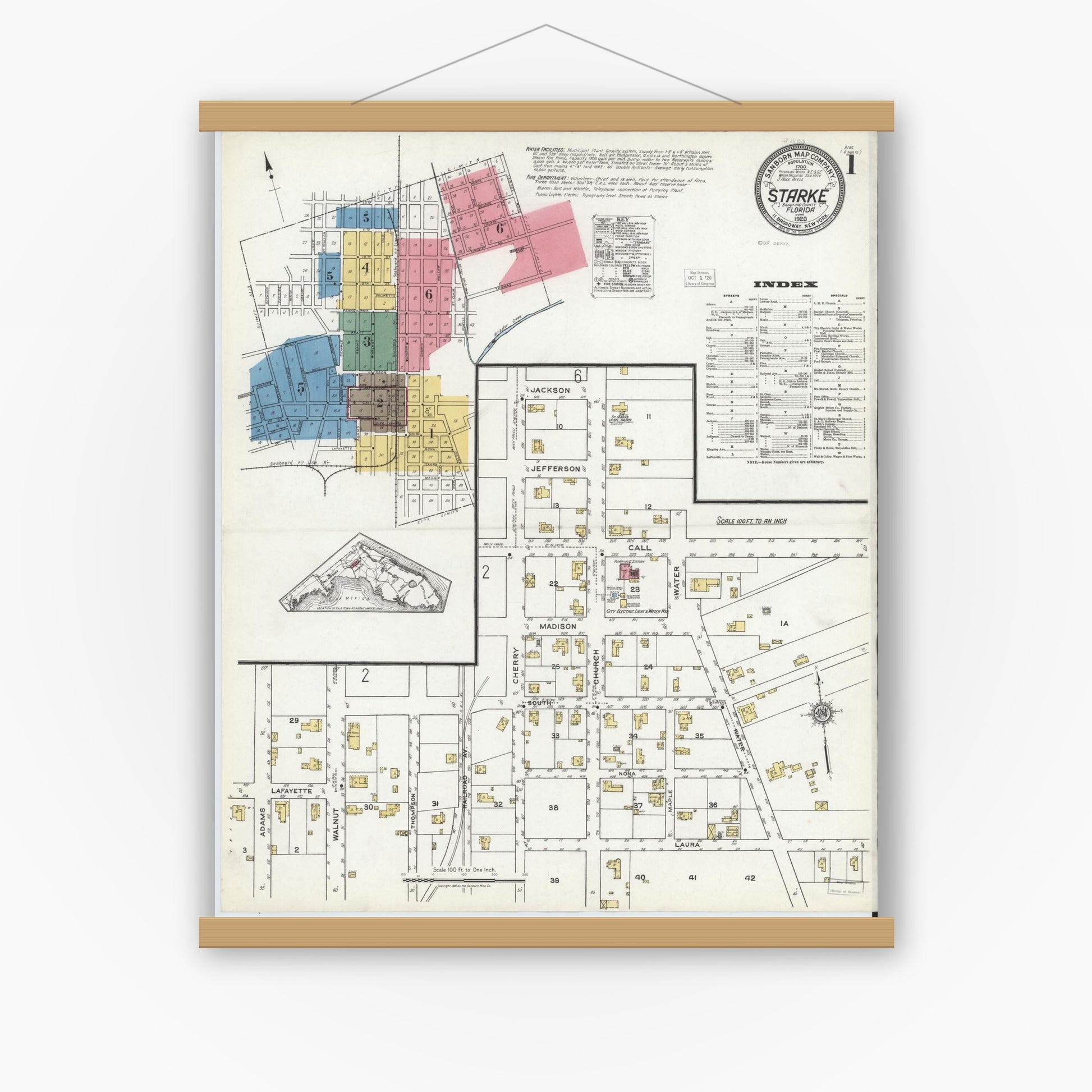 Old map wall art mockup — magnetic wood frame on white wall — Sanborn Fire Insurance Map from Starke, Bradford County, Florida (1920) - Complete Map Set