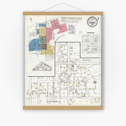Old map wall art mockup — magnetic wood frame on white wall — Sanborn Fire Insurance Map from Starke, Bradford County, Florida (1920) - Complete Map Set