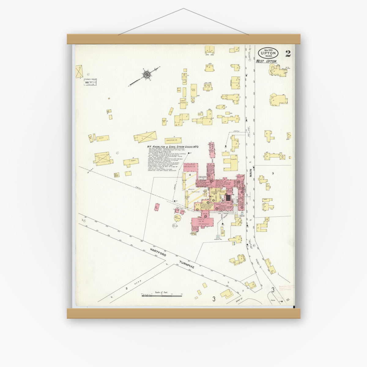 Old map wall art mockup — magnetic wood frame on white wall — Sanborn Fire Insurance Map from Upton, Worcester County, Massachusetts (1910), Sheet #0002