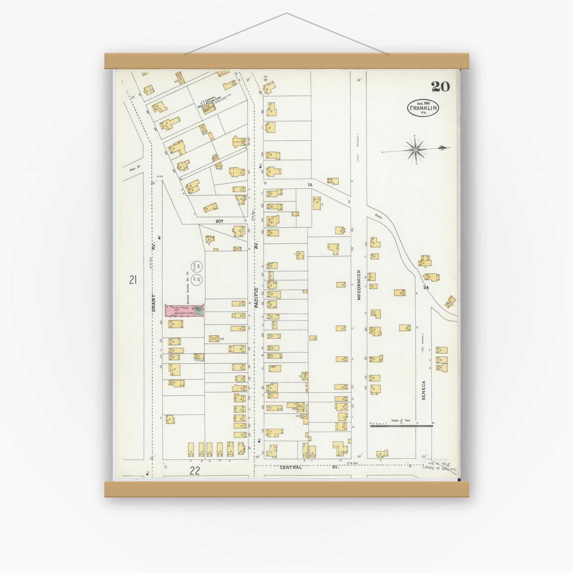 Old map wall art mockup — magnetic wood frame on white wall — Sanborn Fire Insurance Map from Franklin, Venango County, Pennsylvania (1906), Sheet #0020