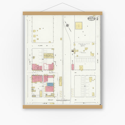 Old map wall art mockup — magnetic wood frame on white wall — Sanborn Fire Insurance Map from Mount Calm, Hill County, Texas (1921), Sheet #0002