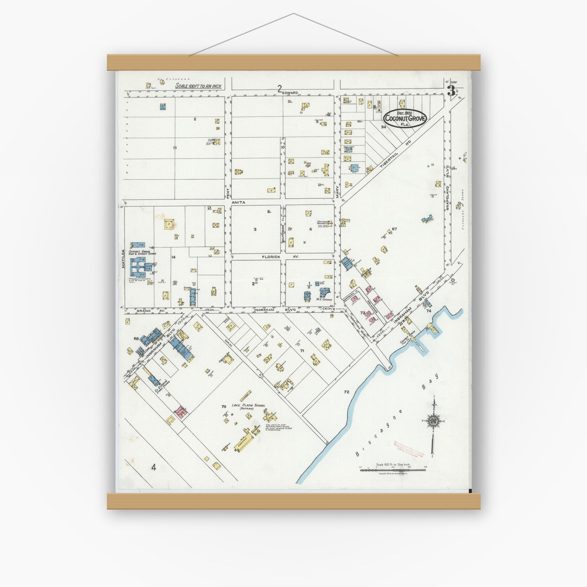 Old map wall art mockup — magnetic wood frame on white wall — Sanborn Fire Insurance Map from Coconut Grove, Dade County, Florida (1920), Sheet #0003