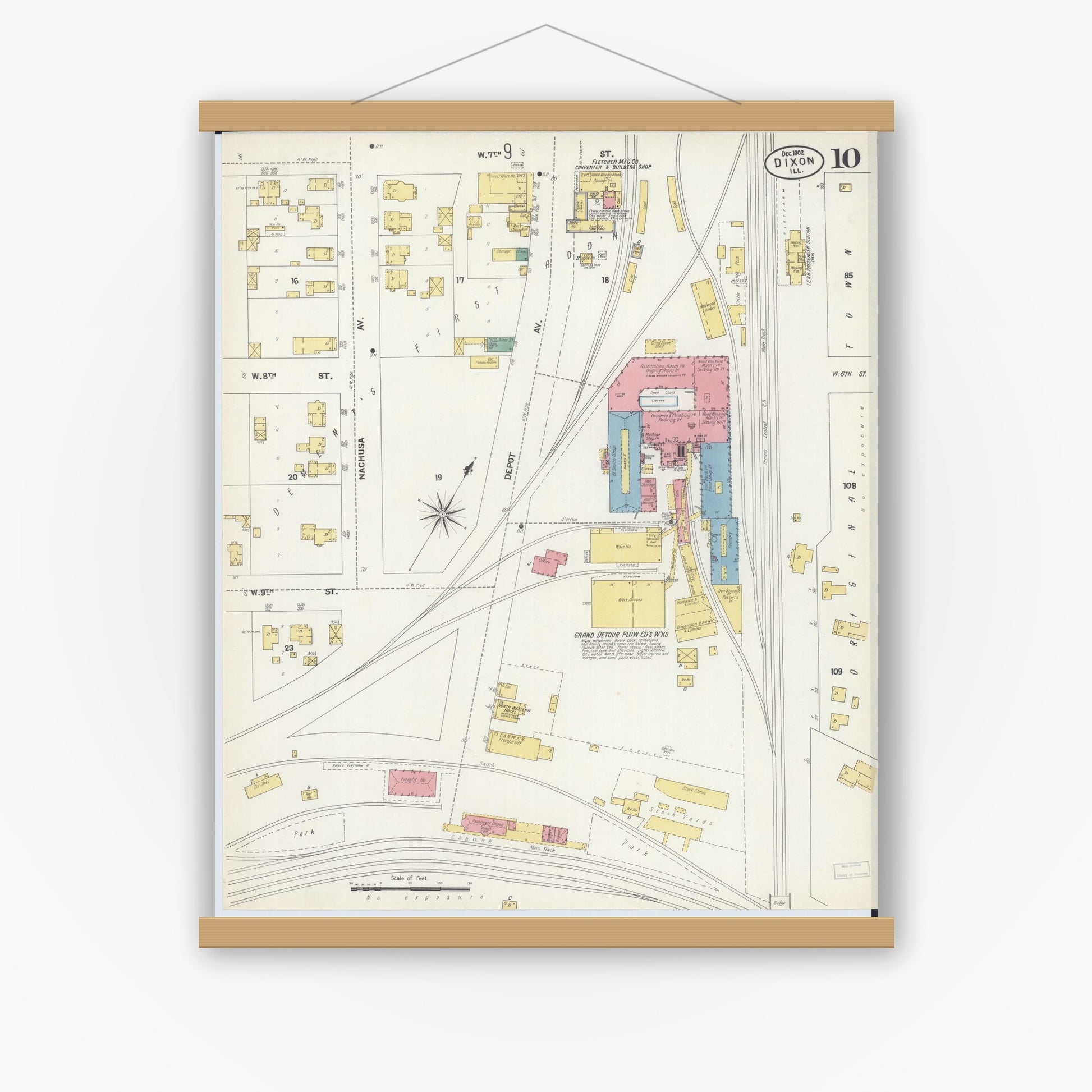 Old map wall art mockup — magnetic wood frame on white wall — Sanborn Fire Insurance Map from Dixon, Lee County, Illinois (1902), Sheet #0010