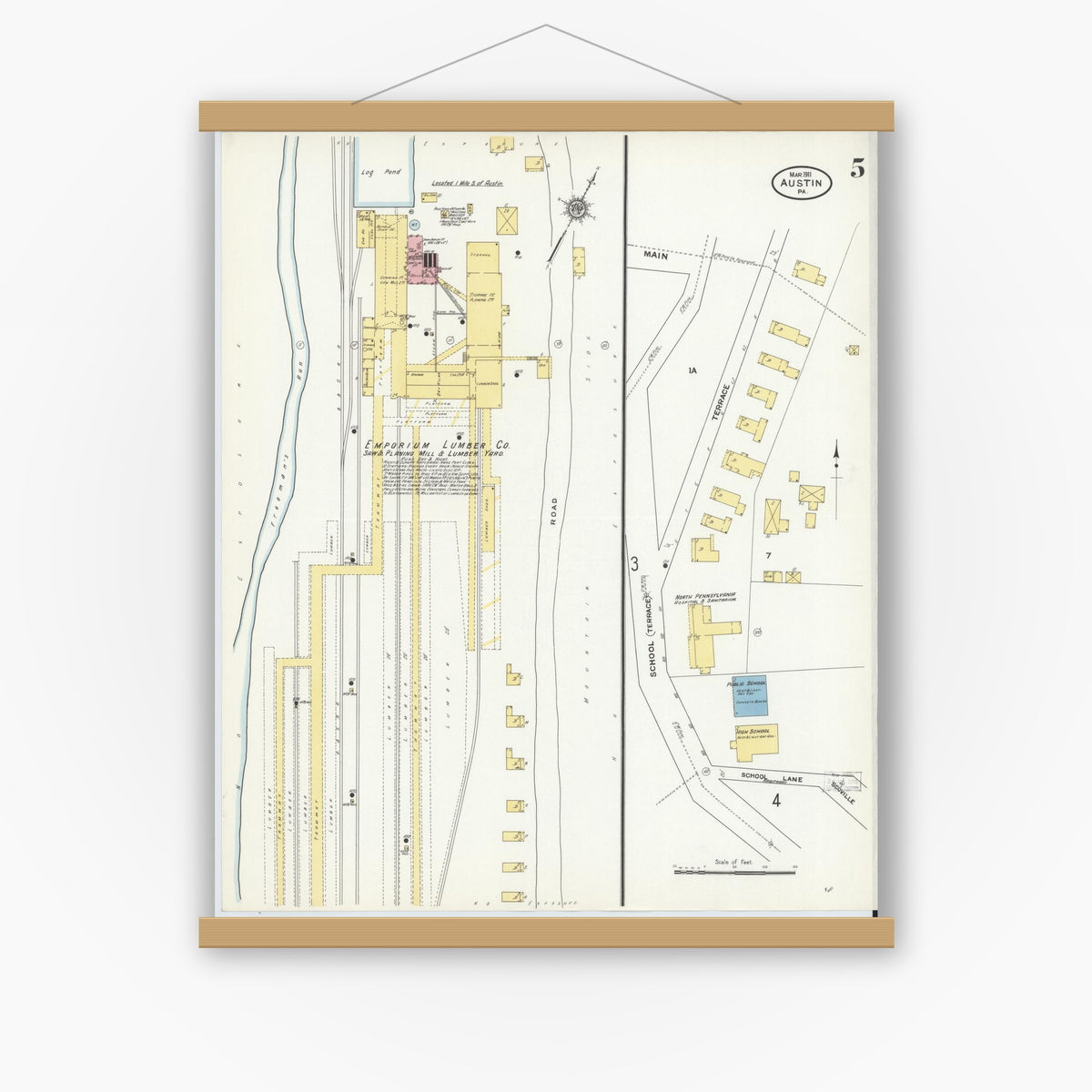 Old map wall art mockup — magnetic wood frame on white wall — Sanborn Fire Insurance Map from Austin, Potter County, Pennsylvania (1911), Sheet #0005