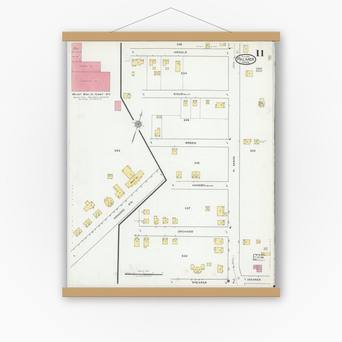 Old map wall art mockup — magnetic wood frame on white wall — Sanborn Fire Insurance Map from Palmer, Hampden County, Massachusetts (1918), Sheet #0011