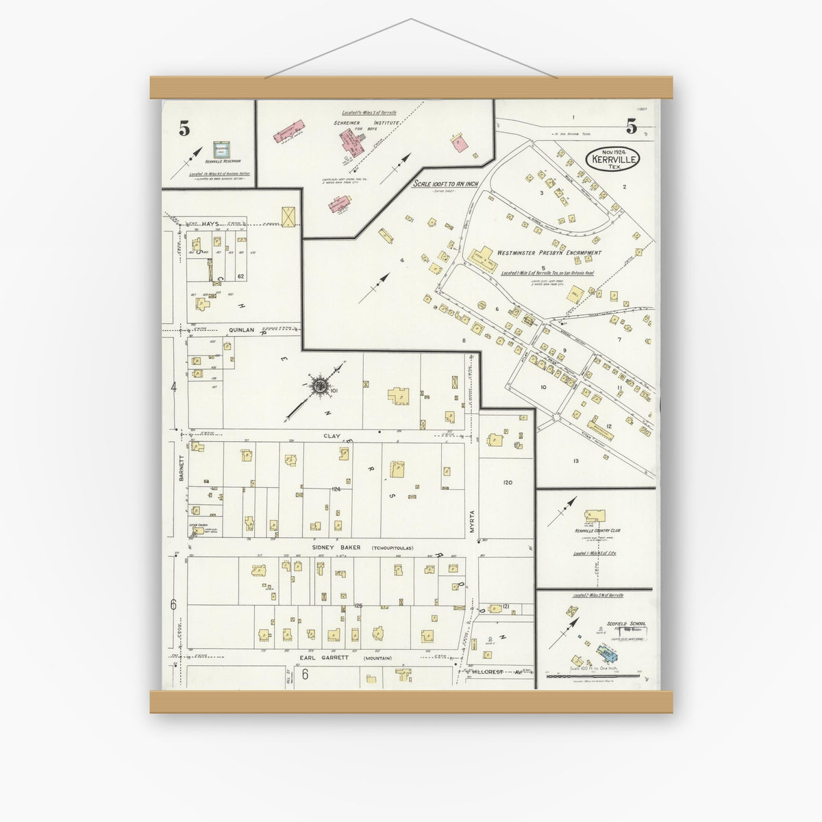Old map wall art mockup — magnetic wood frame on white wall — Sanborn Fire Insurance Map from Kerrville, Kerr County, Texas (1924), Sheet #0005