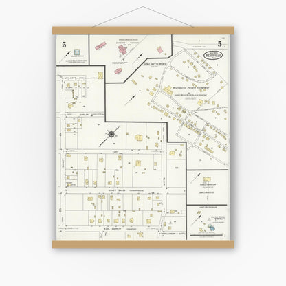 Old map wall art mockup — magnetic wood frame on white wall — Sanborn Fire Insurance Map from Kerrville, Kerr County, Texas (1924), Sheet #0005