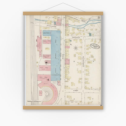 Old map wall art mockup — magnetic wood frame on white wall — Sanborn Fire Insurance Map from Susquehanna, Susquehanna County, Pennsylvania (1885), Sheet #0003