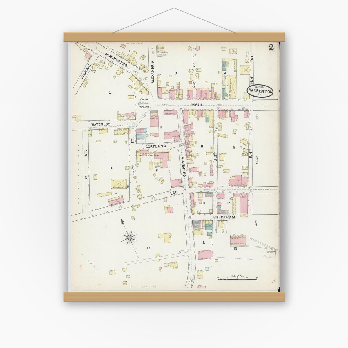 Old map wall art mockup — magnetic wood frame on white wall — Sanborn Fire Insurance Map from Warrenton, Fauquier County, Virginia (1891), Sheet #0002