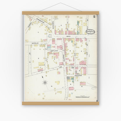 Old map wall art mockup — magnetic wood frame on white wall — Sanborn Fire Insurance Map from Warrenton, Fauquier County, Virginia (1891), Sheet #0002