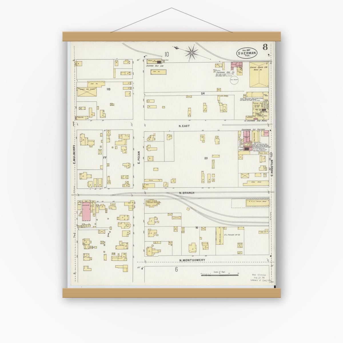 Old map wall art mockup — magnetic wood frame on white wall — Sanborn Fire Insurance Map from Sherman, Grayson County, Texas (1897), Sheet #0008
