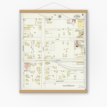 Old map wall art mockup — magnetic wood frame on white wall — Sanborn Fire Insurance Map from Sherman, Grayson County, Texas (1897), Sheet #0008