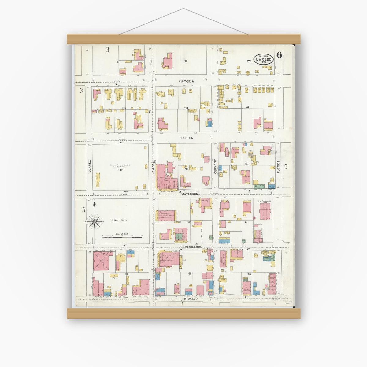 Old map wall art mockup — magnetic wood frame on white wall — Sanborn Fire Insurance Map from Laredo, Webb County, Texas (1905), Sheet #0006