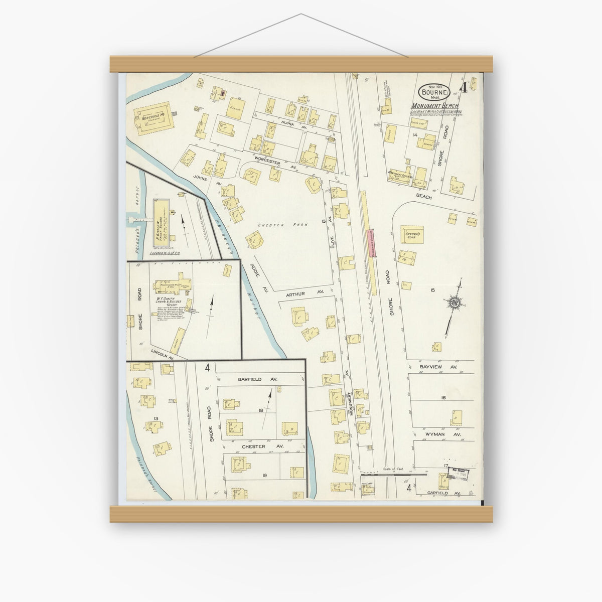 Old map wall art mockup — magnetic wood frame on white wall — Sanborn Fire Insurance Map from Bourne, Barnstable County, Massachusetts (1913), Sheet #0004