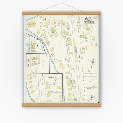 Old map wall art mockup — magnetic wood frame on white wall — Sanborn Fire Insurance Map from Bourne, Barnstable County, Massachusetts (1913), Sheet #0004