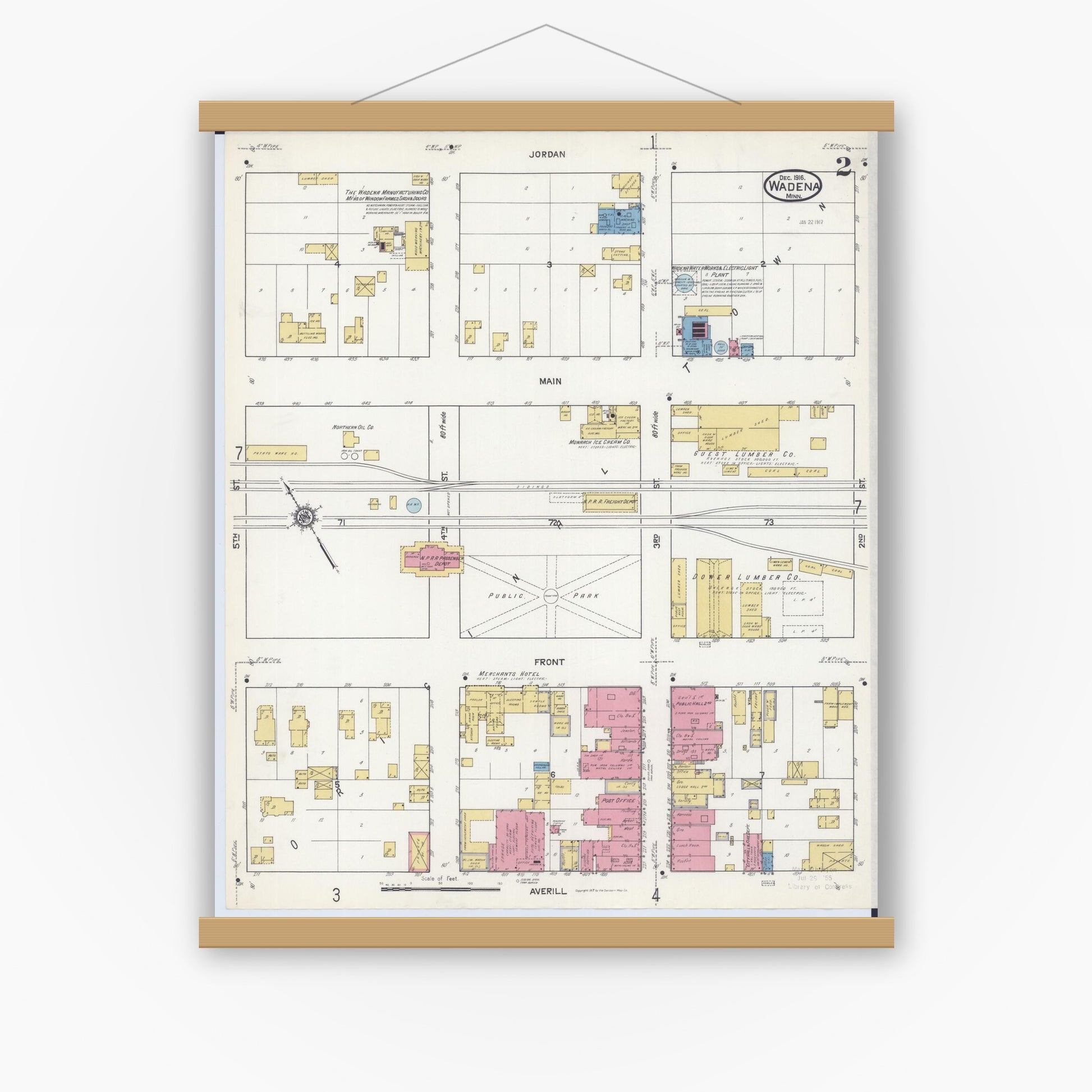 Old map wall art mockup — magnetic wood frame on white wall — Sanborn Fire Insurance Map from Wadena, Wadena County, Minnesota (1916), Sheet #0002