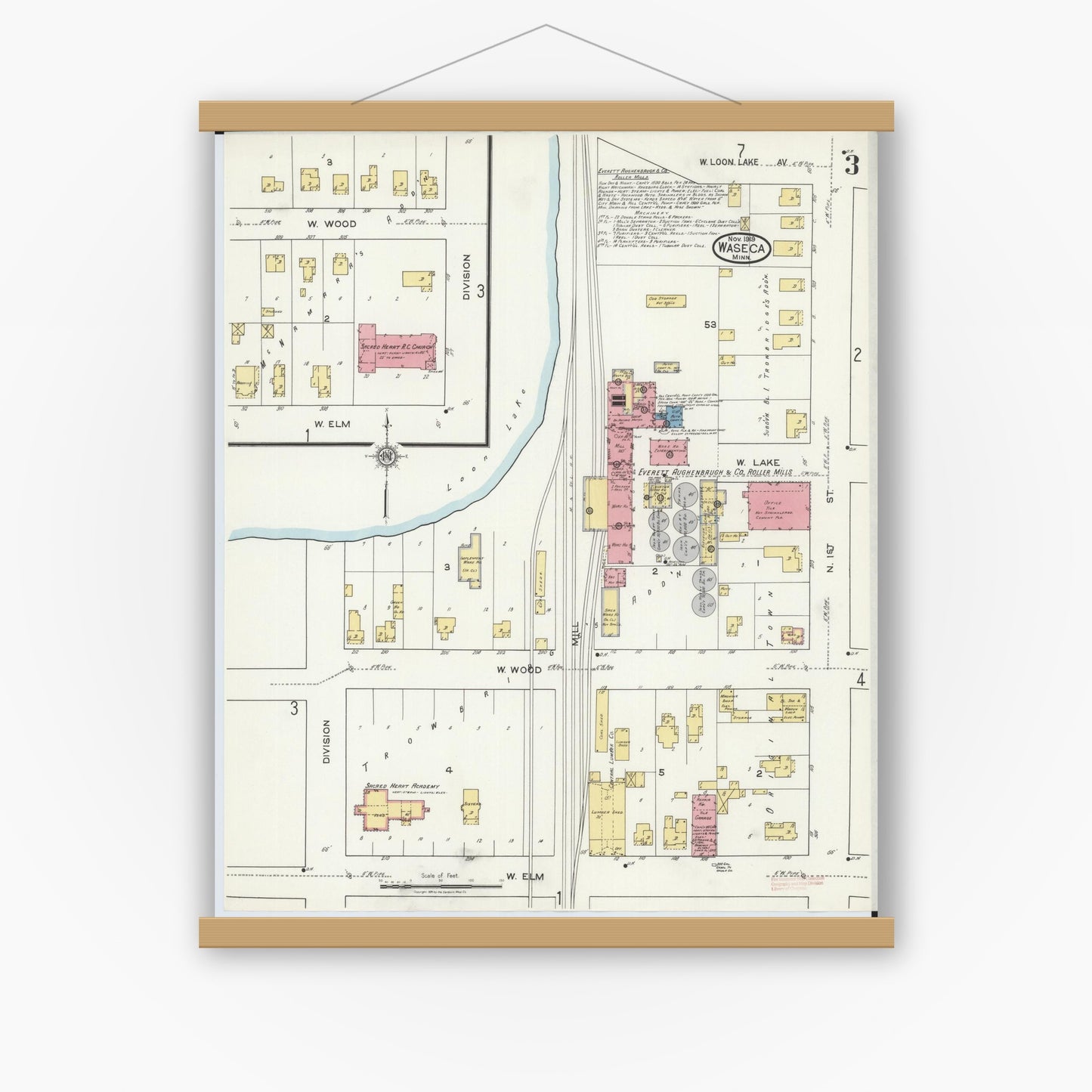 Old map wall art mockup — magnetic wood frame on white wall — Sanborn Fire Insurance Map from Waseca, Waseca County, Minnesota (1919), Sheet #0003