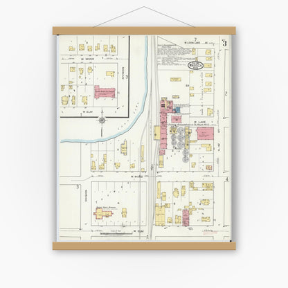 Old map wall art mockup — magnetic wood frame on white wall — Sanborn Fire Insurance Map from Waseca, Waseca County, Minnesota (1919), Sheet #0003