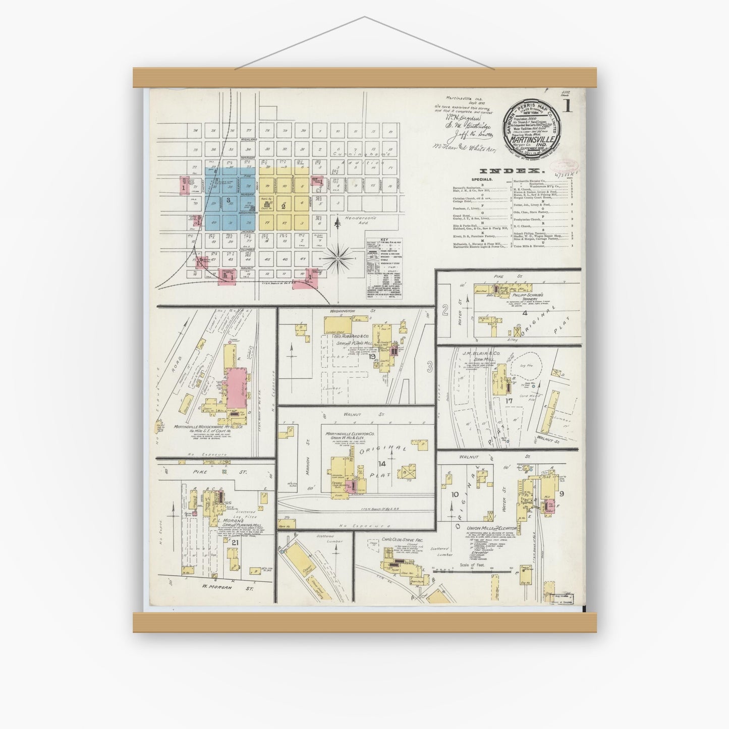 Old map wall art mockup — magnetic wood frame on white wall — Sanborn Fire Insurance Map from Martinsville, Morgan County, Indiana (1892) - Complete Map Set