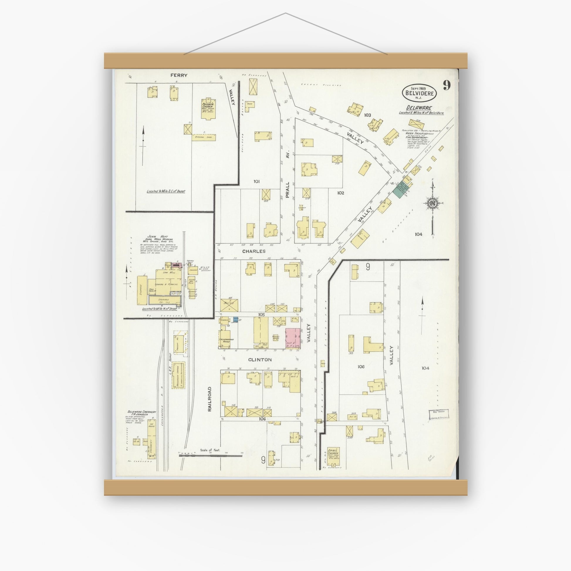 Old map wall art mockup — magnetic wood frame on white wall — Sanborn Fire Insurance Map from Belvidere, Warren County, New Jersey (1909), Sheet #0009