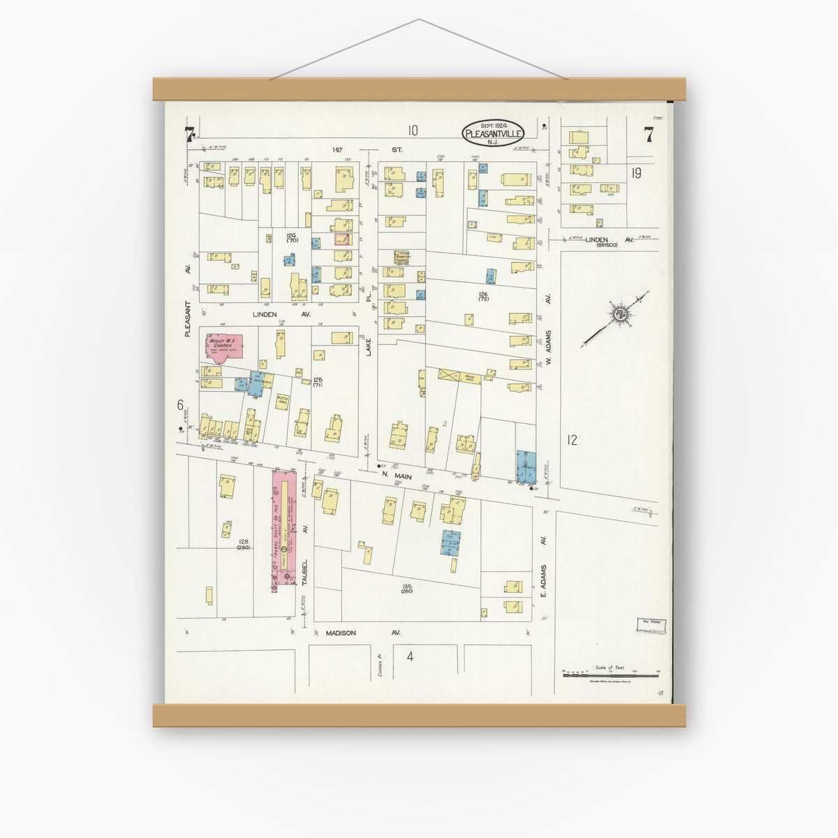 Old map wall art mockup — magnetic wood frame on white wall — Sanborn Fire Insurance Map from Pleasantville, Atlantic County, New Jersey (1924), Sheet #0007