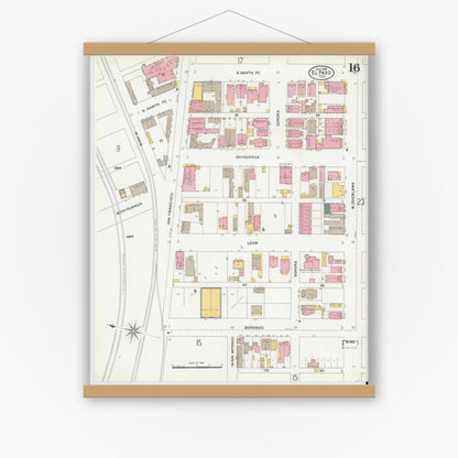 Old map wall art mockup — magnetic wood frame on white wall — Sanborn Fire Insurance Map from El Paso, El Paso County, Texas (1905), Sheet #0016