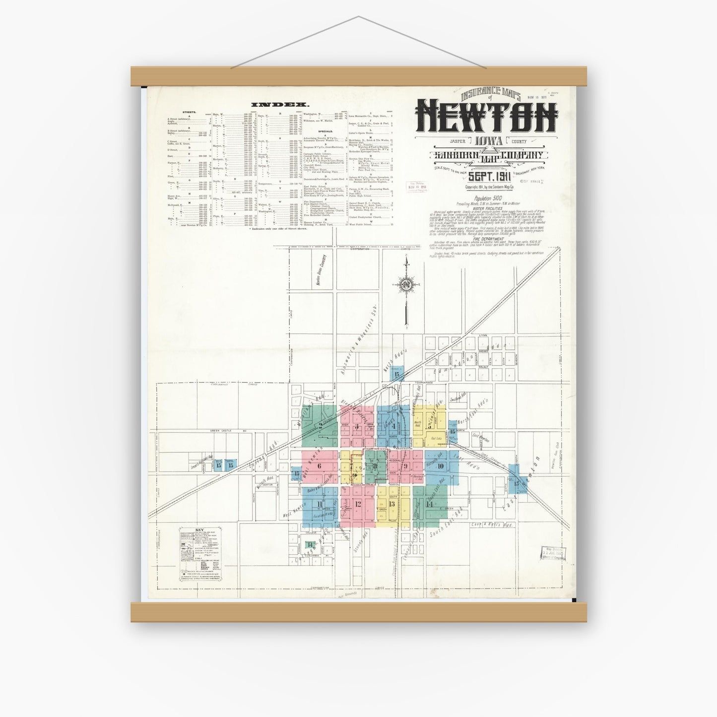 Old map wall art mockup — magnetic wood frame on white wall — Sanborn Fire Insurance Map from Newton, Jasper County, Iowa (1911) â€” Complete Set