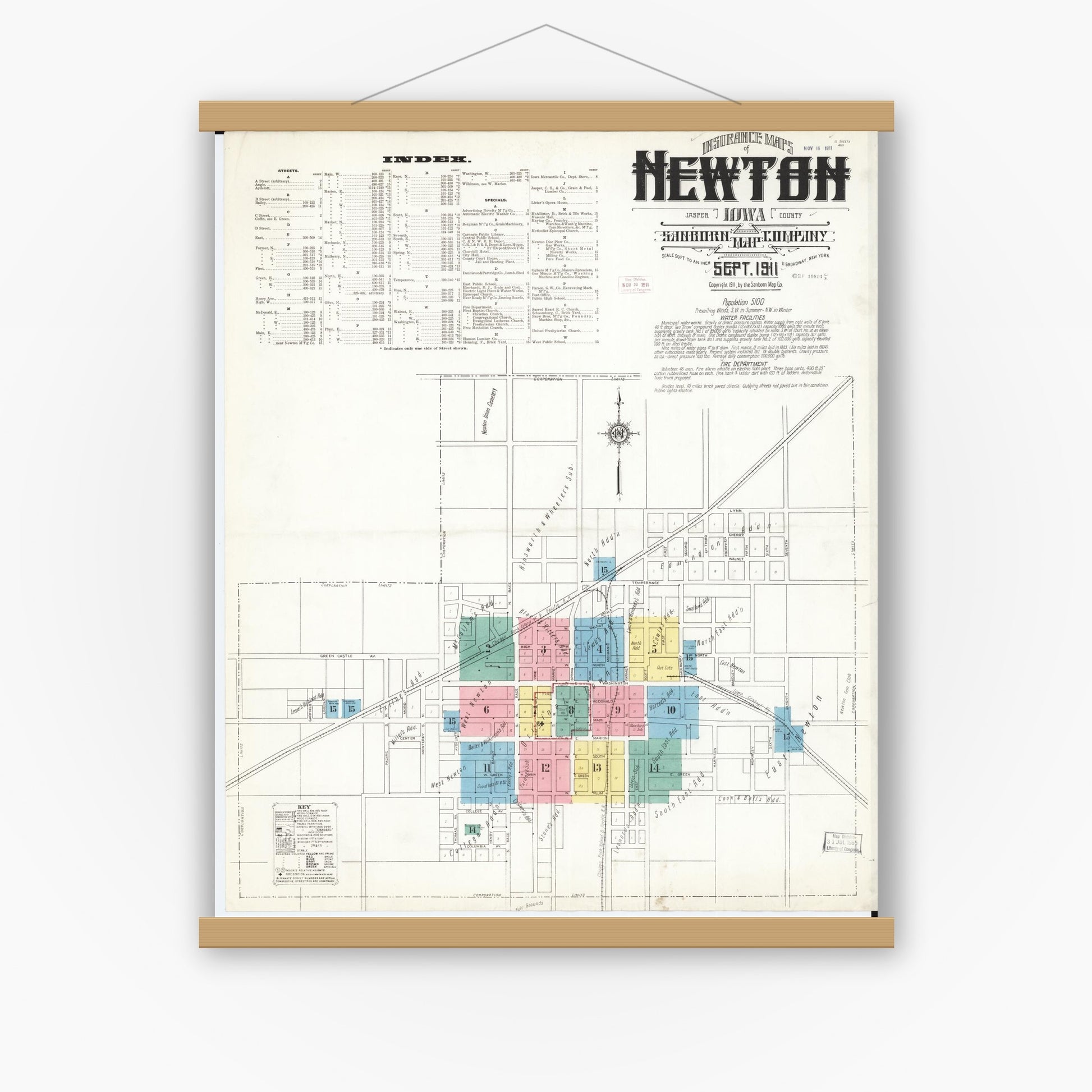 Old map wall art mockup — magnetic wood frame on white wall — Sanborn Fire Insurance Map from Newton, Jasper County, Iowa (1911) â€” Complete Set