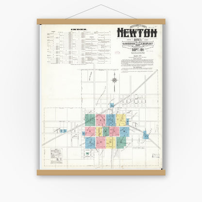 Old map wall art mockup — magnetic wood frame on white wall — Sanborn Fire Insurance Map from Newton, Jasper County, Iowa (1911) â€” Complete Set