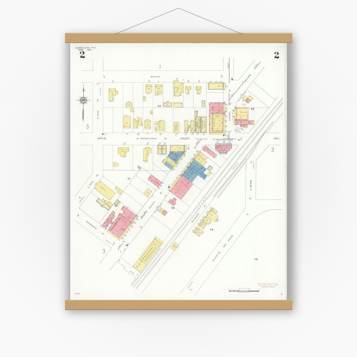 Old map wall art mockup — magnetic wood frame on white wall — Sanborn Fire Insurance Map from Dunnellon, Marion County, Florida (1933), Sheet #0002