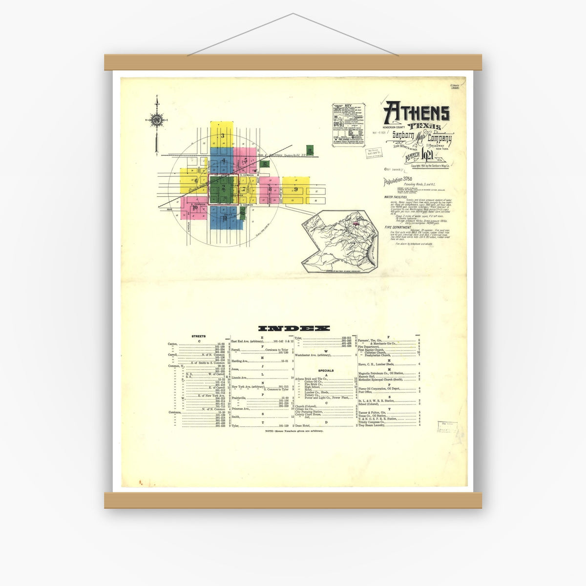 Old map wall art mockup — magnetic wood frame on white wall — Sanborn Fire Insurance Map from Athens, Henderson County, Texas (1921), Sheet #0001