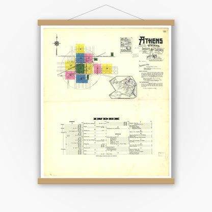 Old map wall art mockup — magnetic wood frame on white wall — Sanborn Fire Insurance Map from Athens, Henderson County, Texas (1921), Sheet #0001