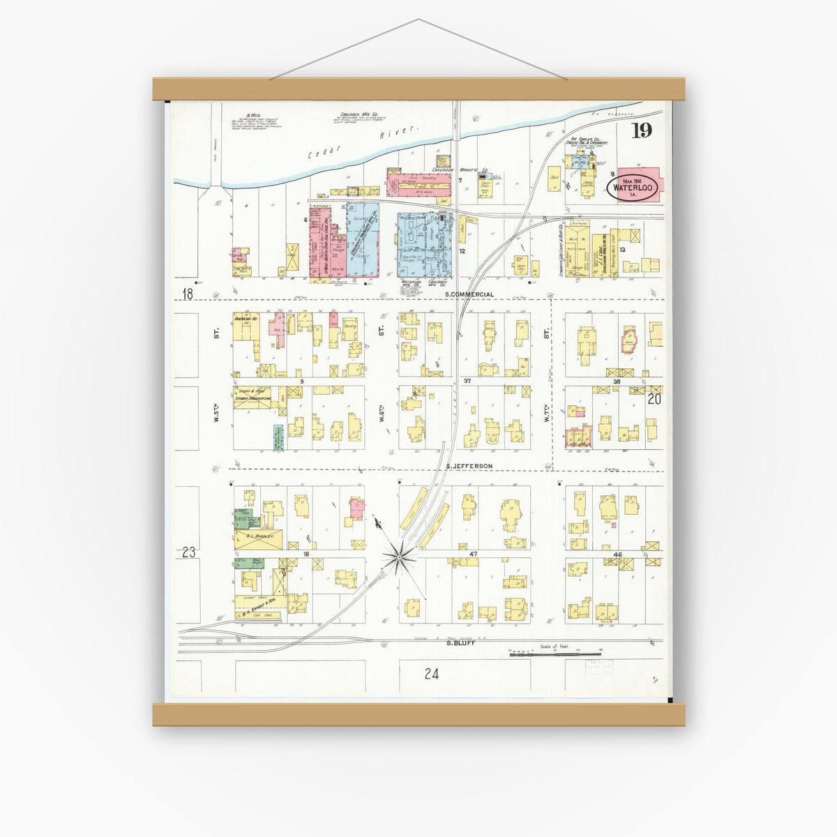 Old map wall art mockup — magnetic wood frame on white wall — Sanborn Fire Insurance Map from Waterloo, Black Hawk County, Iowa (1906), Sheet #0019