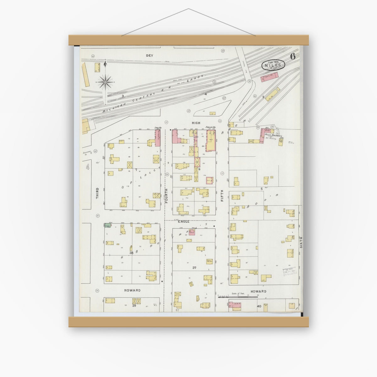 Old map wall art mockup — magnetic wood frame on white wall — Sanborn Fire Insurance Map from Niles, Berrien County, Michigan (1895), Sheet #0006