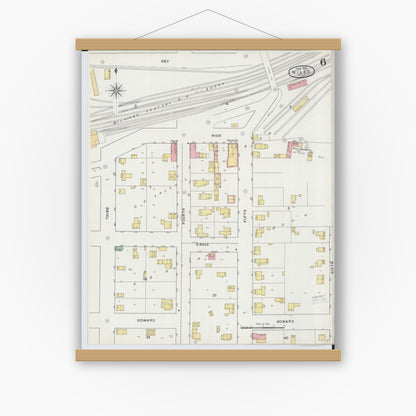 Old map wall art mockup — magnetic wood frame on white wall — Sanborn Fire Insurance Map from Niles, Berrien County, Michigan (1895), Sheet #0006