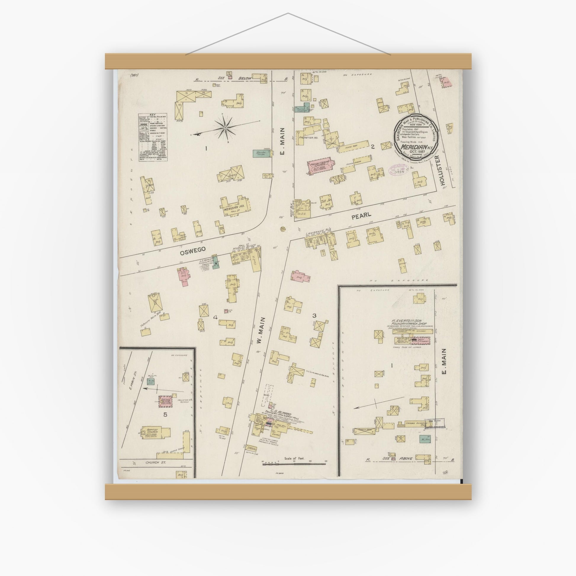 Old map wall art mockup — magnetic wood frame on white wall — Sanborn Fire Insurance Map from Meridian, Cayuga County, New York (1887), Sheet #0001