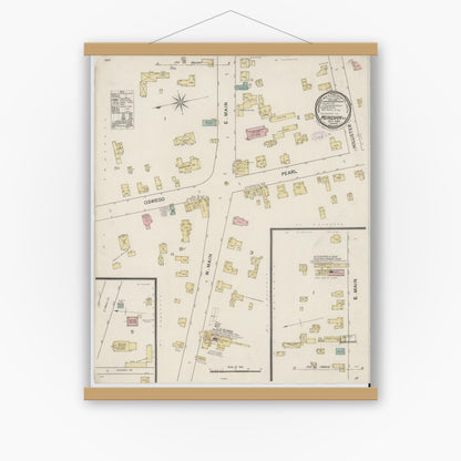 Old map wall art mockup — magnetic wood frame on white wall — Sanborn Fire Insurance Map from Meridian, Cayuga County, New York (1887), Sheet #0001