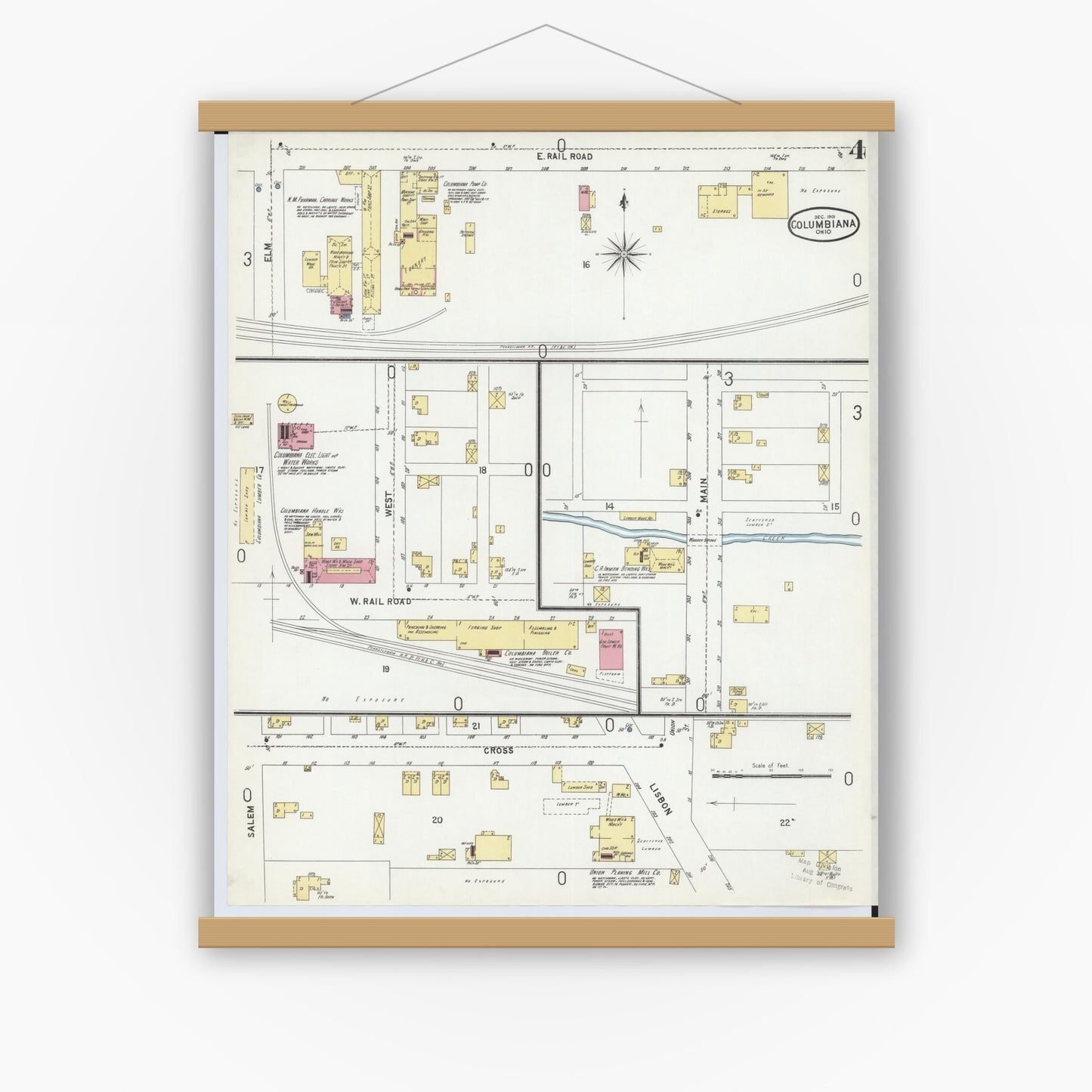 Old map wall art mockup — magnetic wood frame on white wall — Sanborn Fire Insurance Map from Columbiana, Columbiana County, Ohio (1901), Sheet #0004