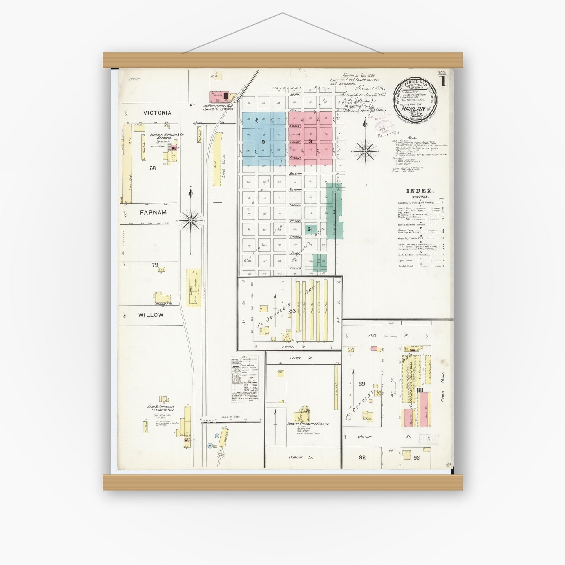 Old map wall art mockup — magnetic wood frame on white wall — Sanborn Fire Insurance Map from Harlan, Shelby County, Iowa (1893) â€” Complete Set
