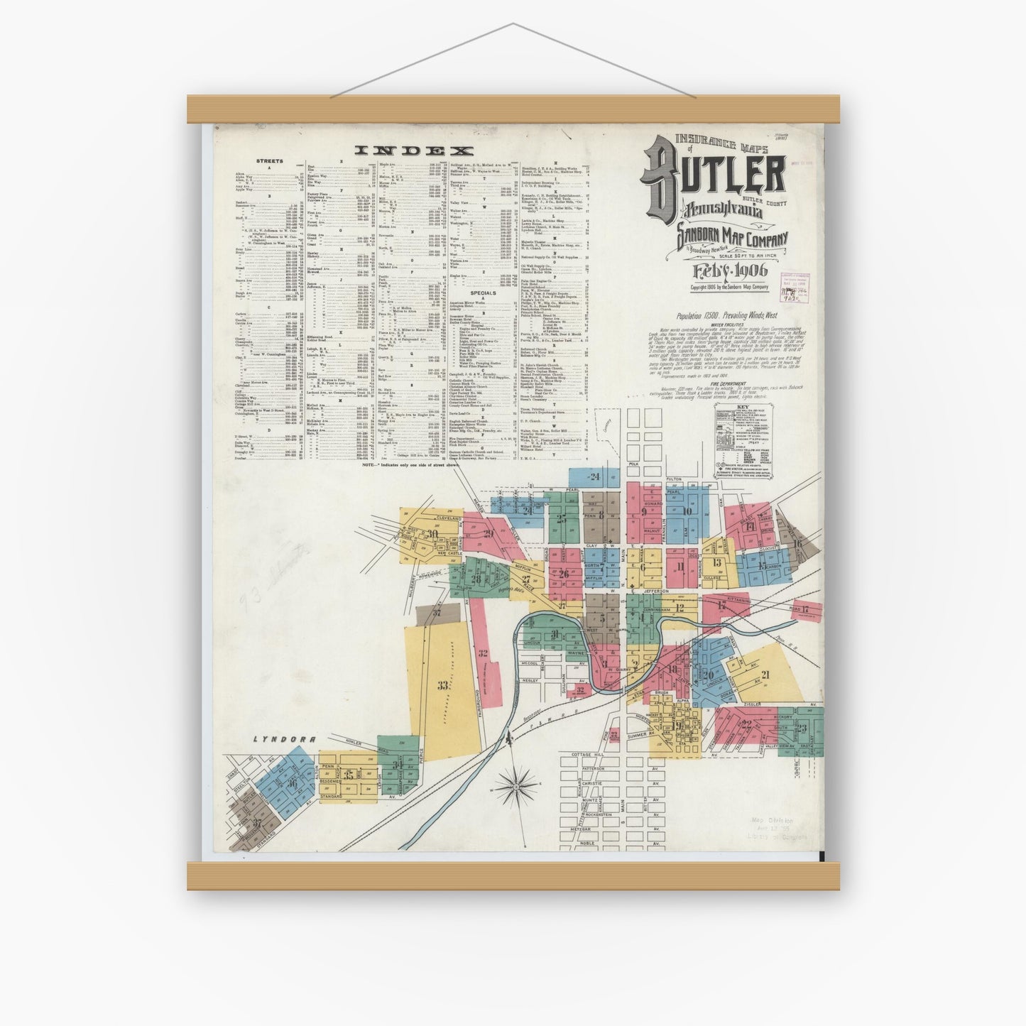 Old map wall art mockup — magnetic wood frame on white wall — Sanborn Fire Insurance Map from Butler, Butler County, Pennsylvania (1906) - Complete Map Set