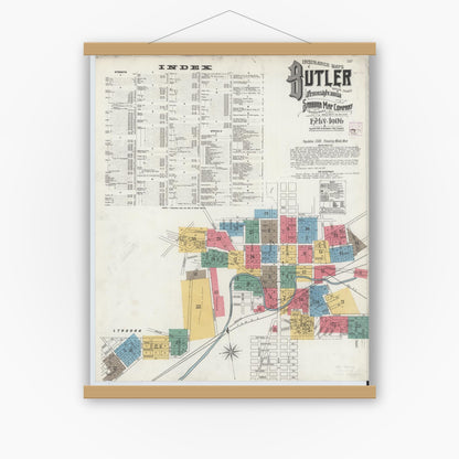 Old map wall art mockup — magnetic wood frame on white wall — Sanborn Fire Insurance Map from Butler, Butler County, Pennsylvania (1906) - Complete Map Set