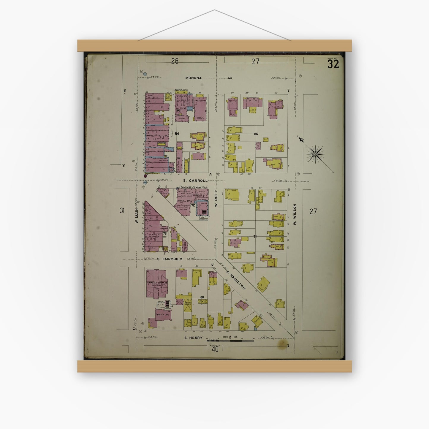 Old map wall art mockup — magnetic wood frame on white wall — Sanborn Fire Insurance Map from Madison, Dane County, Wisconsin (1908), Sheet #0032