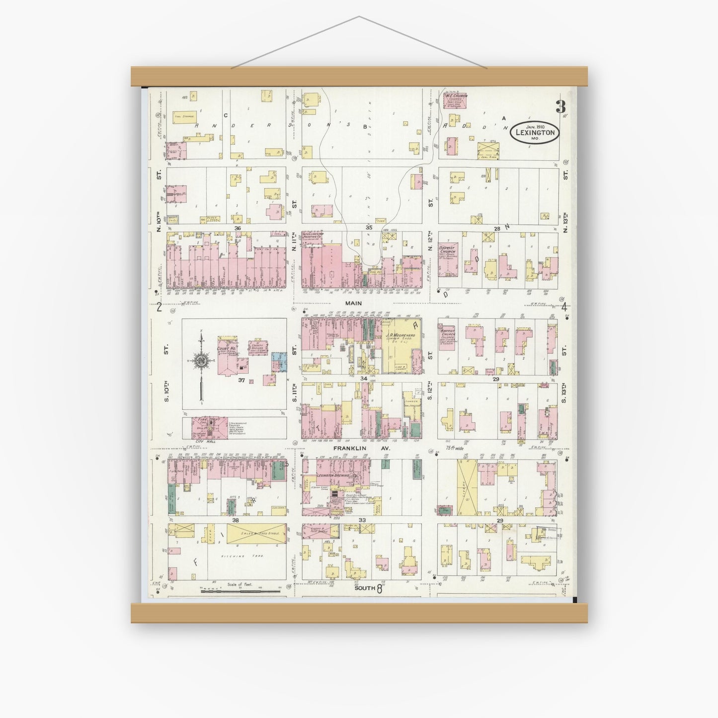 Old map wall art mockup — magnetic wood frame on white wall — Sanborn Fire Insurance Map from Lexington, Lafayette County, Missouri (1910), Sheet #0003