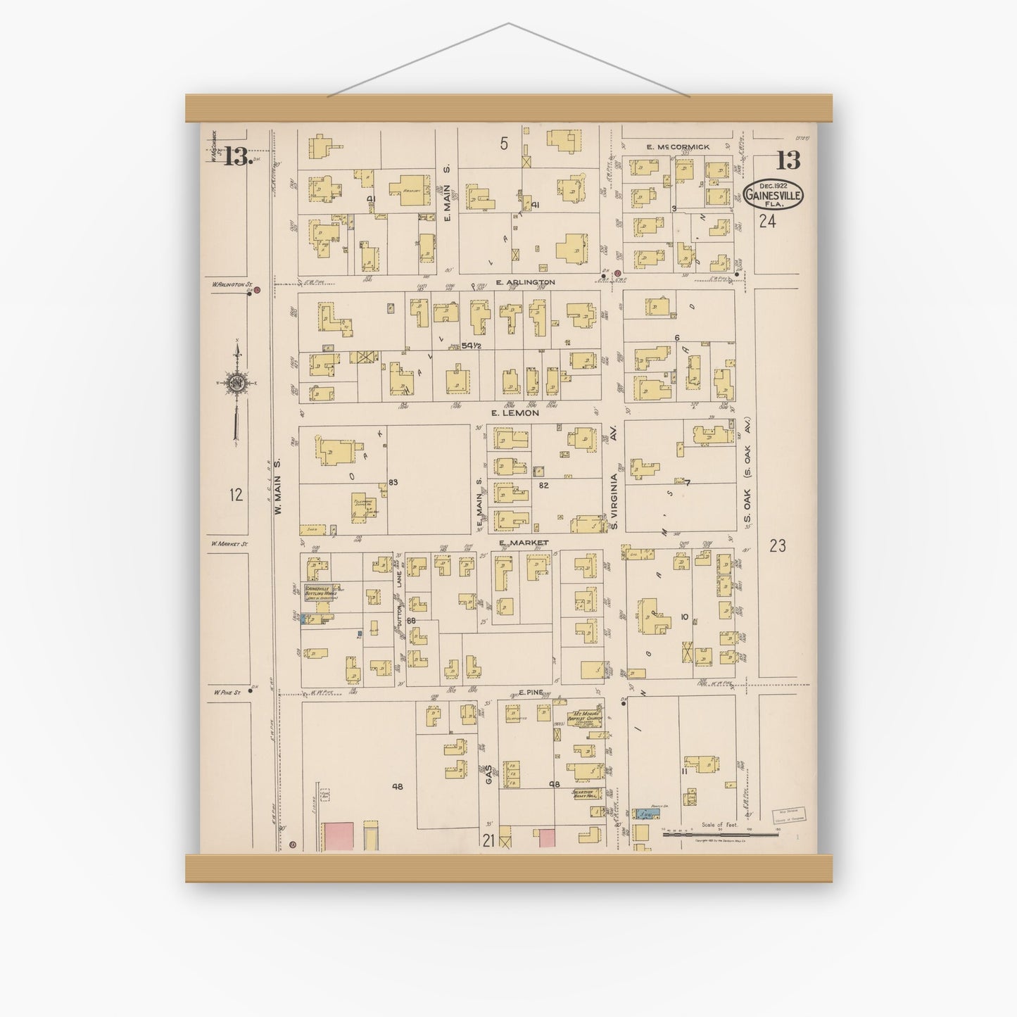 Old map wall art mockup — magnetic wood frame on white wall — Sanborn Fire Insurance Map from Gainesville, Alachua County, Florida (1922), Sheet #0013