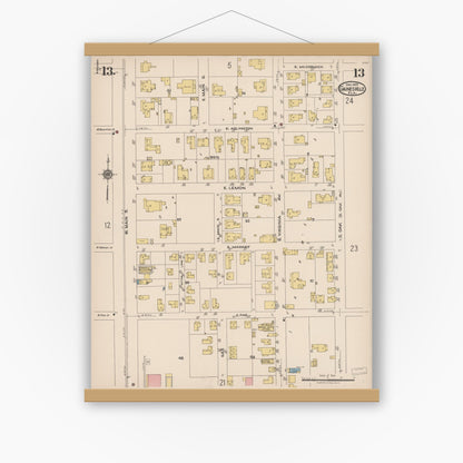 Old map wall art mockup — magnetic wood frame on white wall — Sanborn Fire Insurance Map from Gainesville, Alachua County, Florida (1922), Sheet #0013