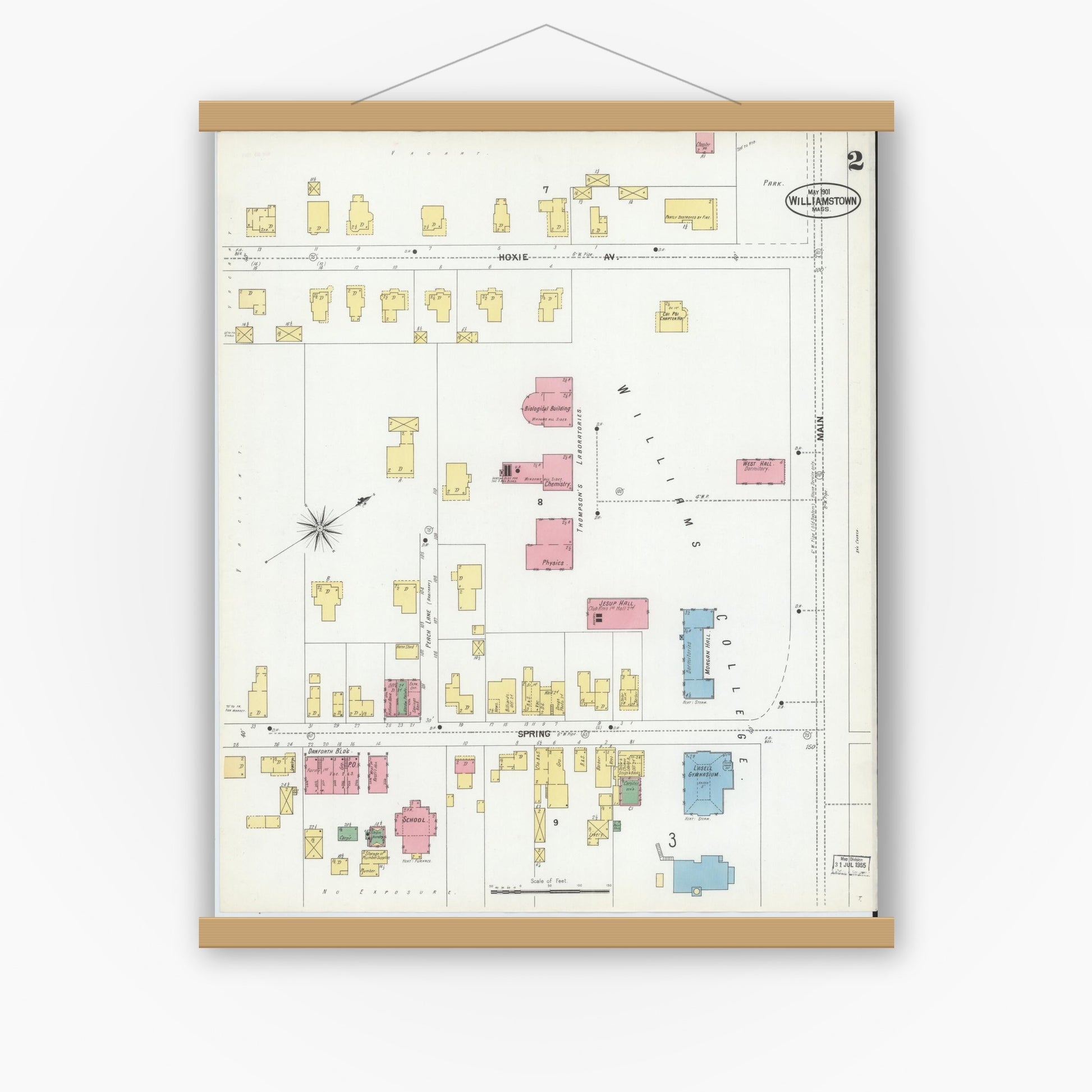 Old map wall art mockup — magnetic wood frame on white wall — Sanborn Fire Insurance Map from Williamstown, Berkshire County, Massachusetts (1901), Sheet #0002
