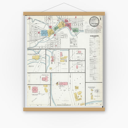 Old map wall art mockup — magnetic wood frame on white wall — Sanborn Fire Insurance Map from Three Rivers, Saint Joseph County, Michigan (1899), Sheet #0001